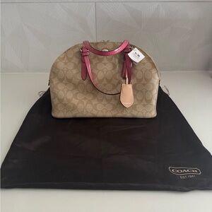 Coach Peyton Signature Cora Domed Tan & Pink Satchel (NEW)